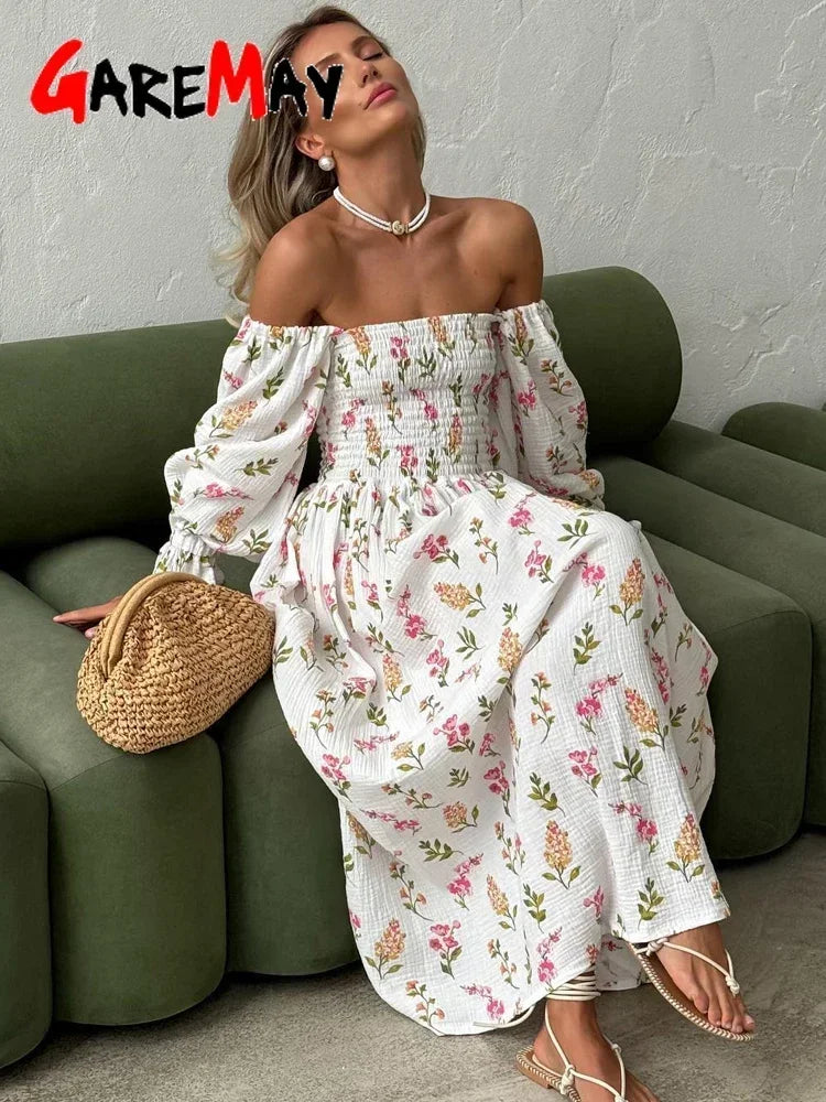 Women's Summer Cotton Dress 100% Elegant Ruffle Midi Floral Print Dress with Side Slits Flower Vintage Muslin Dress for Women