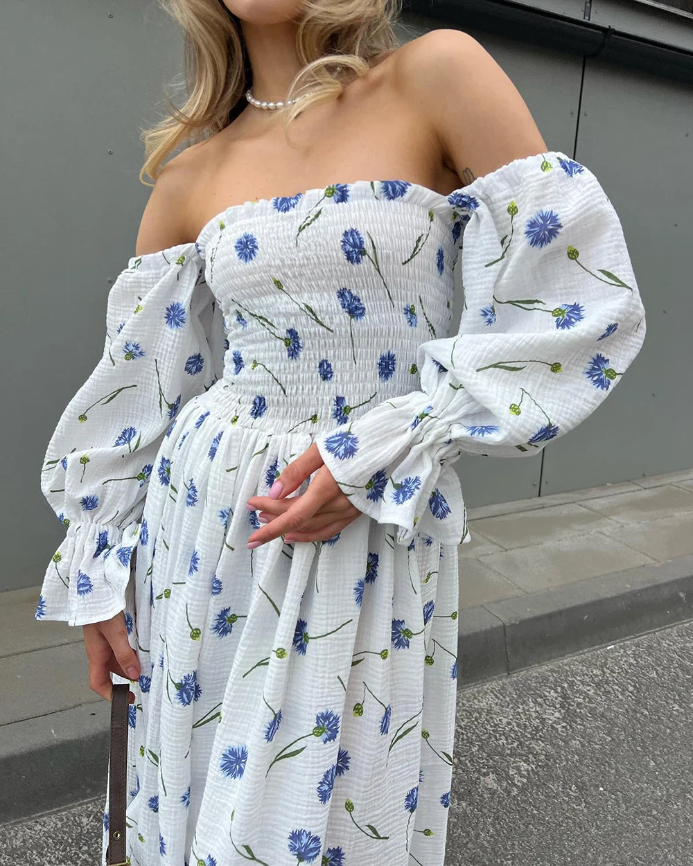 Women's Summer Cotton Dress 100% Elegant Ruffle Midi Floral Print Dress with Side Slits Flower Vintage Muslin Dress for Women
