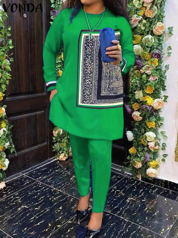 Plus Size VONDA Women Fashion Pant Sets Elegant Suits Long Sleeve Asymmetrical Patchwork Casual Top and Long Pants Bohemian Sets