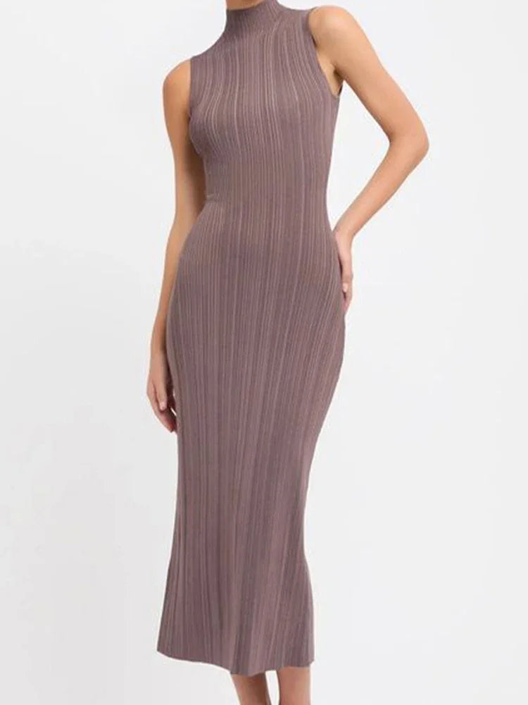 Talenza Knitted Sleeveless Slim Long Dress Women's Fashion Elegant Evening Dress High Neck Solid Color Sexy Knitted Long Dress