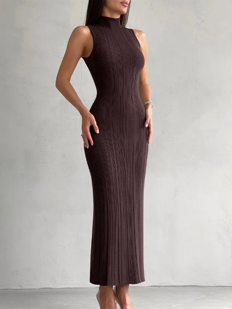 Talenza Knitted Sleeveless Slim Long Dress Women's Fashion Elegant Evening Dress High Neck Solid Color Sexy Knitted Long Dress