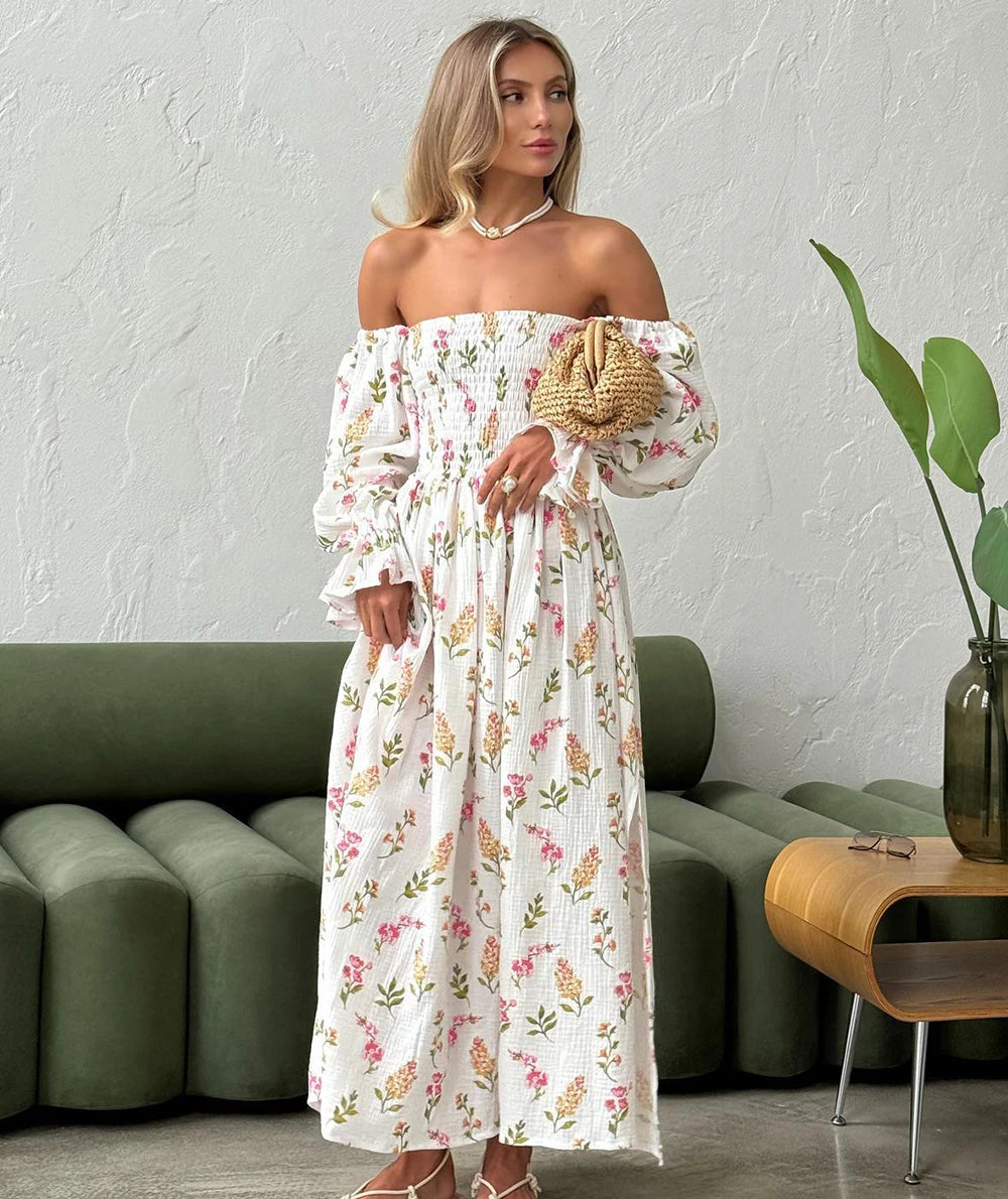 Women's Summer Cotton Dress 100% Elegant Ruffle Midi Floral Print Dress with Side Slits Flower Vintage Muslin Dress for Women