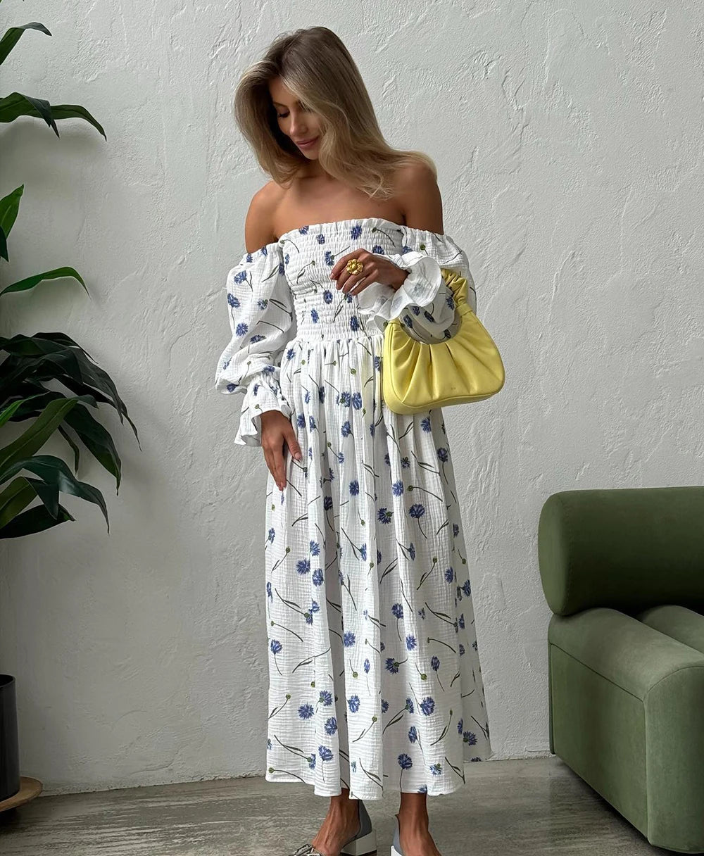 Women's Summer Cotton Dress 100% Elegant Ruffle Midi Floral Print Dress with Side Slits Flower Vintage Muslin Dress for Women