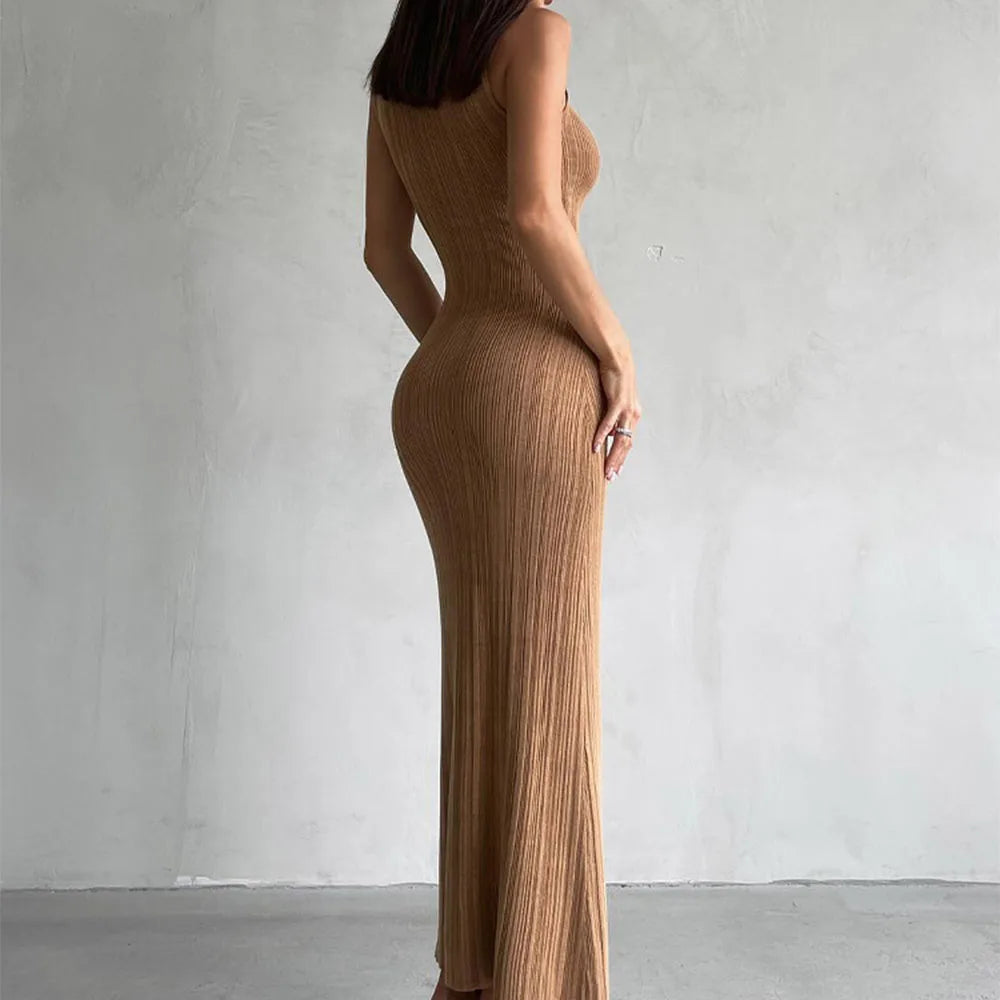Talenza Knitted Sleeveless Slim Long Dress Women's Fashion Elegant Evening Dress High Neck Solid Color Sexy Knitted Long Dress