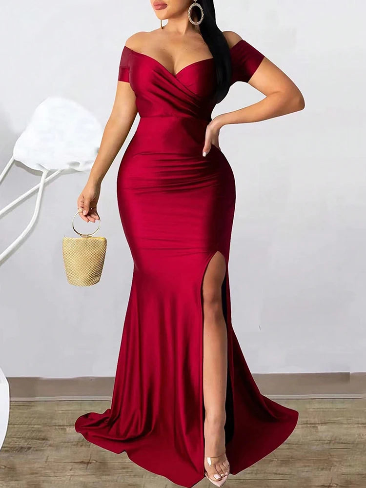 Classic High Slit Evening Dress Women Solid Maxi Long Dresses With Sleeves Wedding Bridesmaid Elegant Party Dresses 2025 Woman