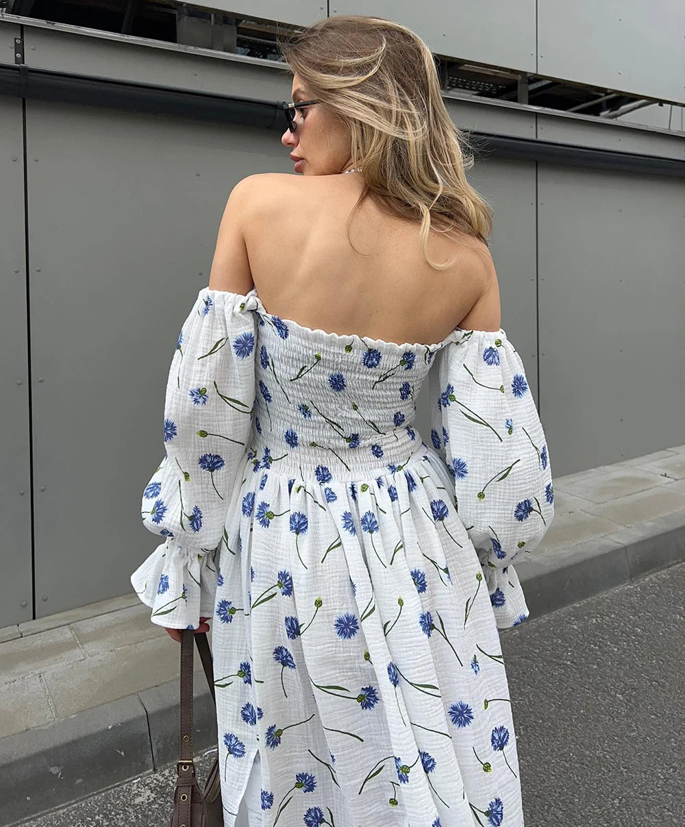 Women's Summer Cotton Dress 100% Elegant Ruffle Midi Floral Print Dress with Side Slits Flower Vintage Muslin Dress for Women