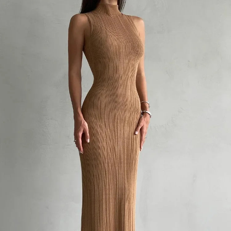 Talenza Knitted Sleeveless Slim Long Dress Women's Fashion Elegant Evening Dress High Neck Solid Color Sexy Knitted Long Dress