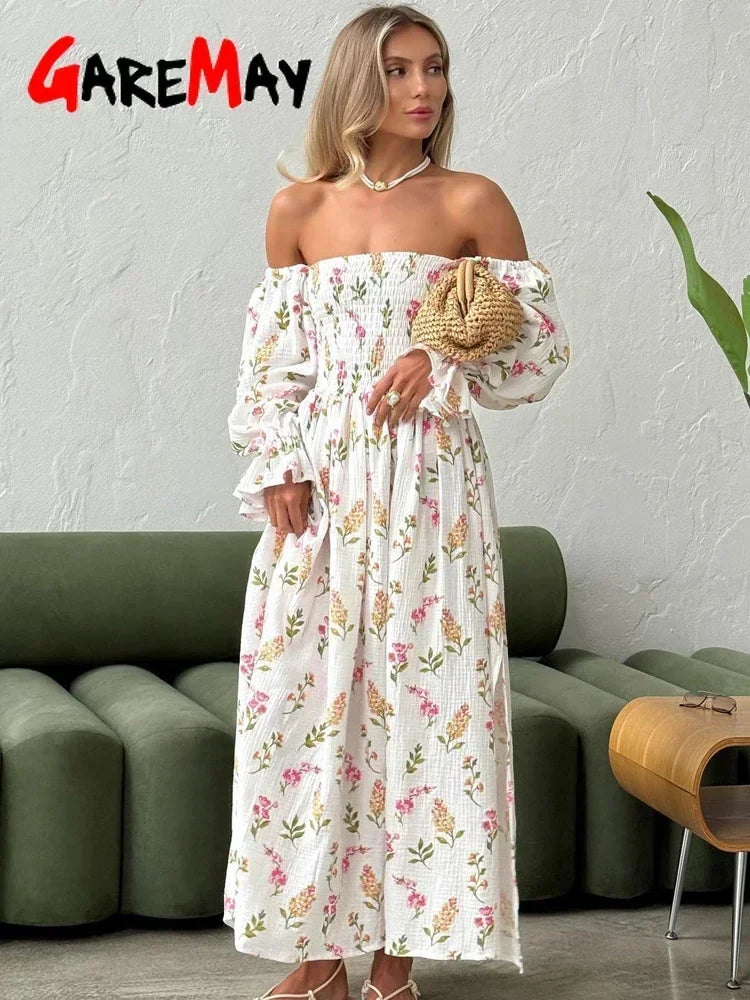 Women's Summer Cotton Dress 100% Elegant Ruffle Midi Floral Print Dress with Side Slits Flower Vintage Muslin Dress for Women