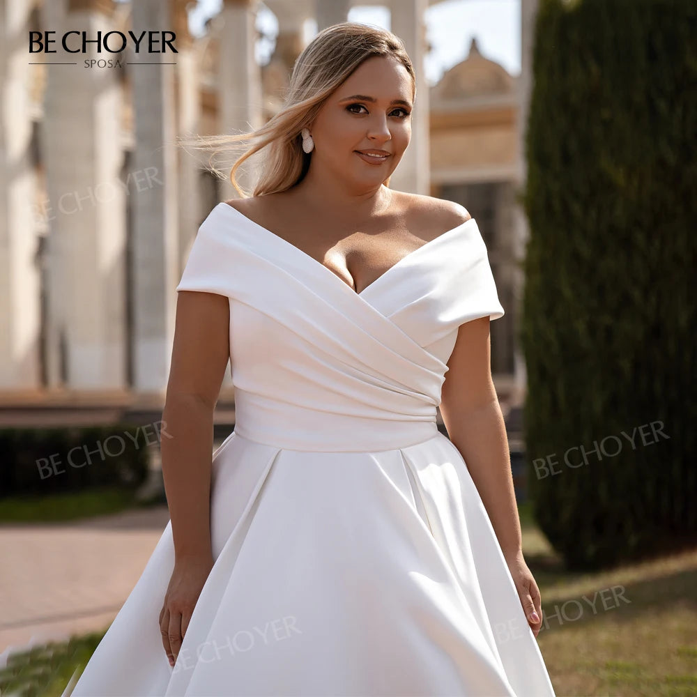BECHOYER Off Shoulder Wedding Dress 2025 Fashion Satin A-Line Court Train Princess Bride Gowns SN108 customized Vestido de Noiva