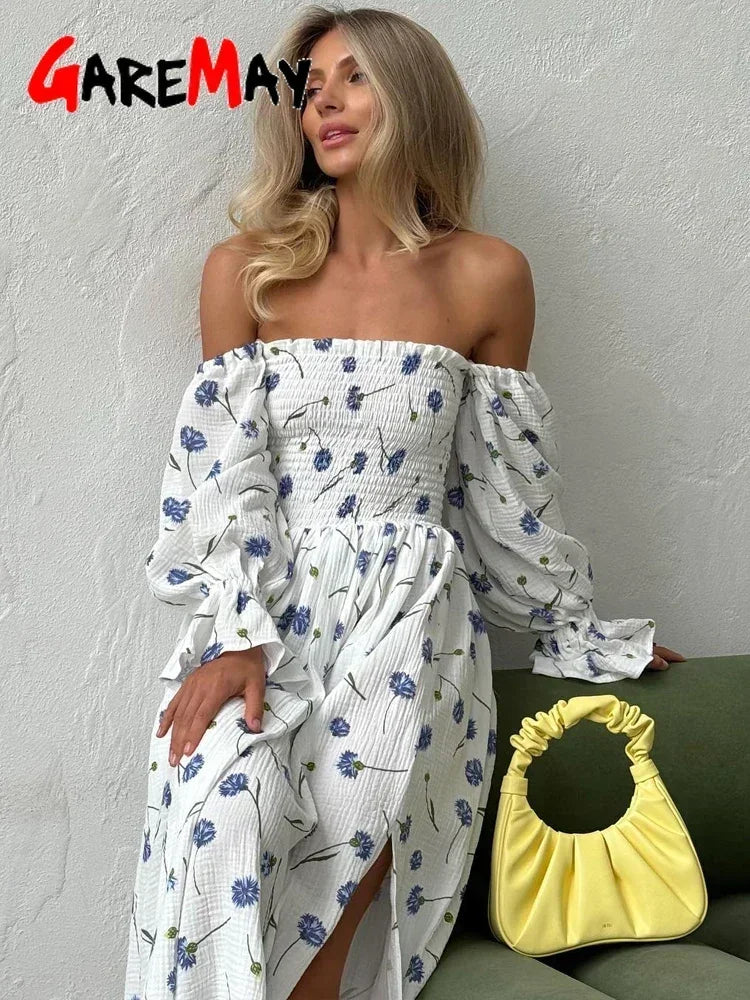Women's Summer Cotton Dress 100% Elegant Ruffle Midi Floral Print Dress with Side Slits Flower Vintage Muslin Dress for Women