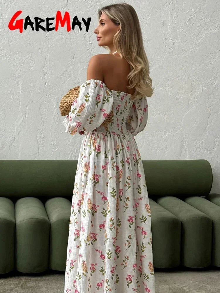 Women's Summer Cotton Dress 100% Elegant Ruffle Midi Floral Print Dress with Side Slits Flower Vintage Muslin Dress for Women