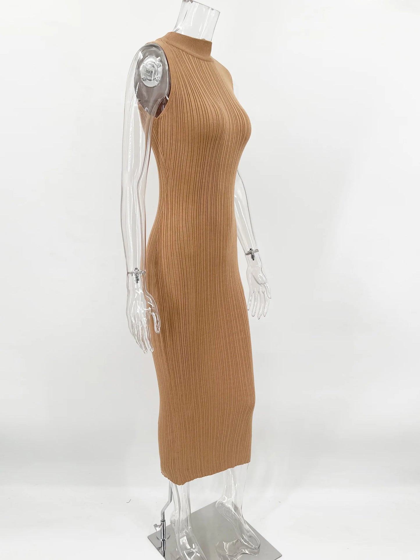 Talenza Knitted Sleeveless Slim Long Dress Women's Fashion Elegant Evening Dress High Neck Solid Color Sexy Knitted Long Dress