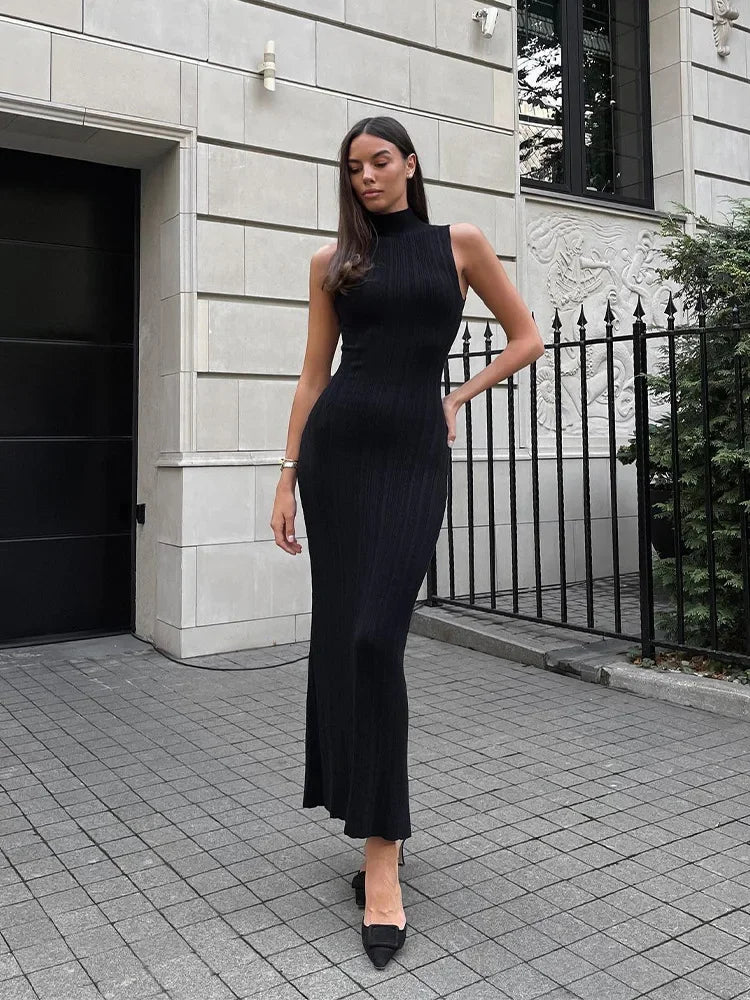 Talenza Knitted Sleeveless Slim Long Dress Women's Fashion Elegant Evening Dress High Neck Solid Color Sexy Knitted Long Dress