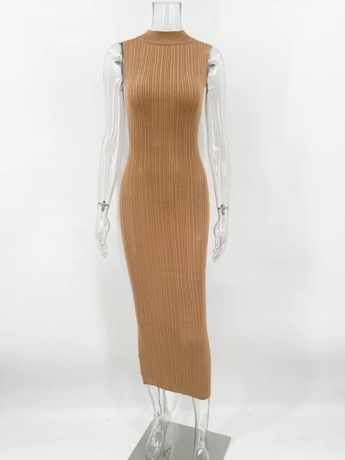 Talenza Knitted Sleeveless Slim Long Dress Women's Fashion Elegant Evening Dress High Neck Solid Color Sexy Knitted Long Dress