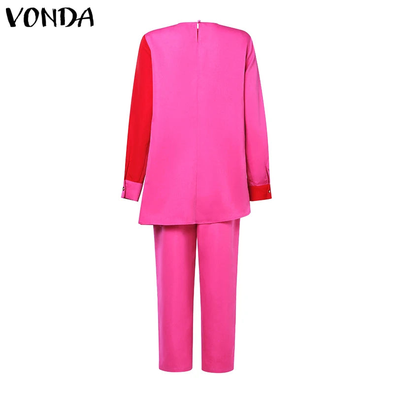 Plus Size VONDA Women Fashion Pant Sets Elegant Suits Long Sleeve Asymmetrical Patchwork Casual Top and Long Pants Bohemian Sets