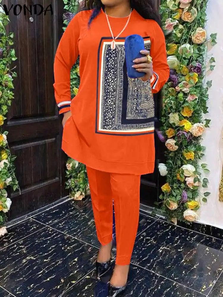 Plus Size VONDA Women Fashion Pant Sets Elegant Suits Long Sleeve Asymmetrical Patchwork Casual Top and Long Pants Bohemian Sets