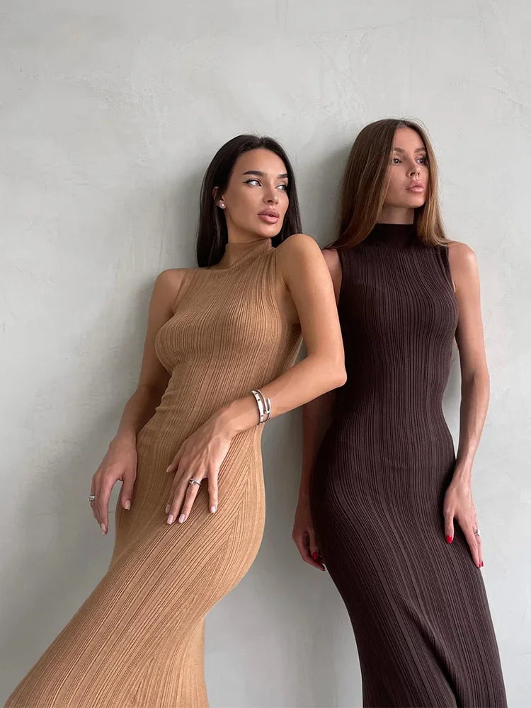 Talenza Knitted Sleeveless Slim Long Dress Women's Fashion Elegant Evening Dress High Neck Solid Color Sexy Knitted Long Dress