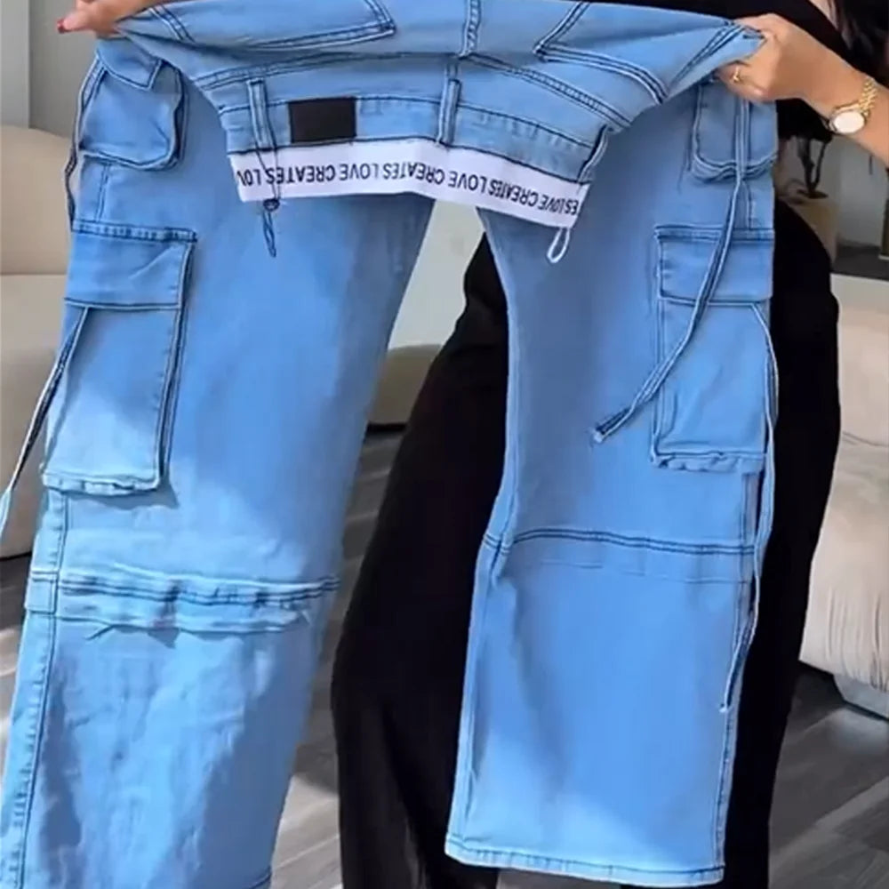 Jeans Women 2024 Fashion Loose Straight Leg Denim Pants Multiple Pockets Streetwear Bagyy Jean Casual Length Trousers Plus Size