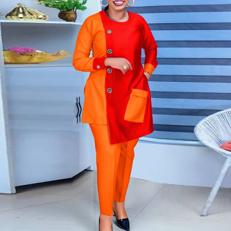 Plus Size VONDA Women Fashion Pant Sets Elegant Suits Long Sleeve Asymmetrical Patchwork Casual Top and Long Pants Bohemian Sets