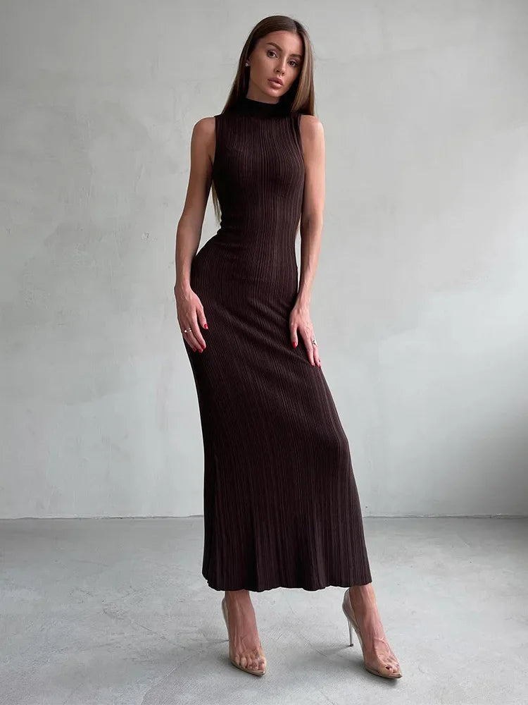 Talenza Knitted Sleeveless Slim Long Dress Women's Fashion Elegant Evening Dress High Neck Solid Color Sexy Knitted Long Dress