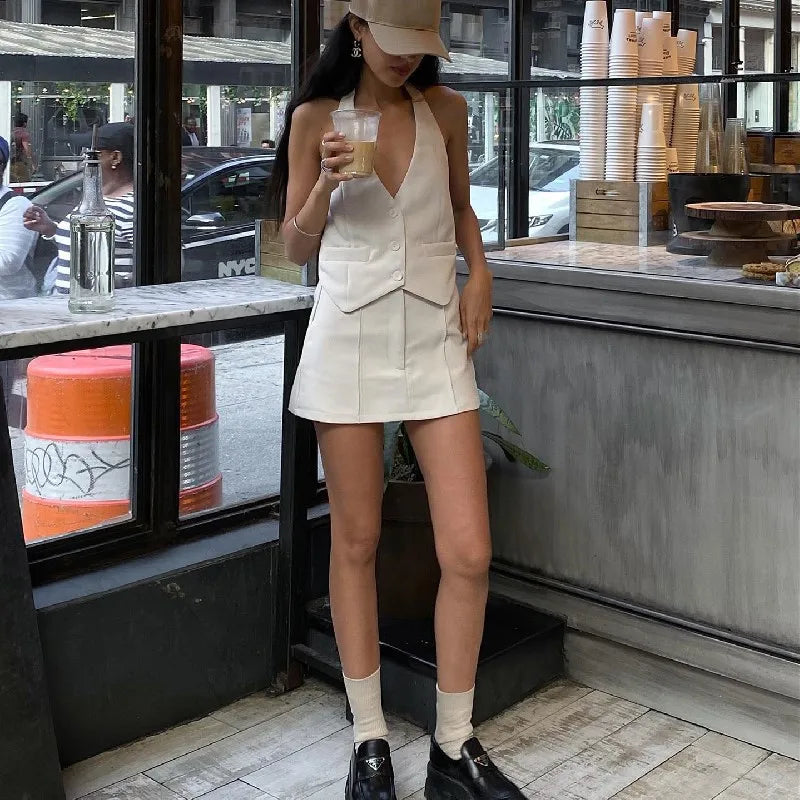 Candyhot Fashion Casual V-neck Sleeveless Suit Tank Top With High-waist Bodycon Hip Skirt Streetwear Retro Women 2 Piece Sets