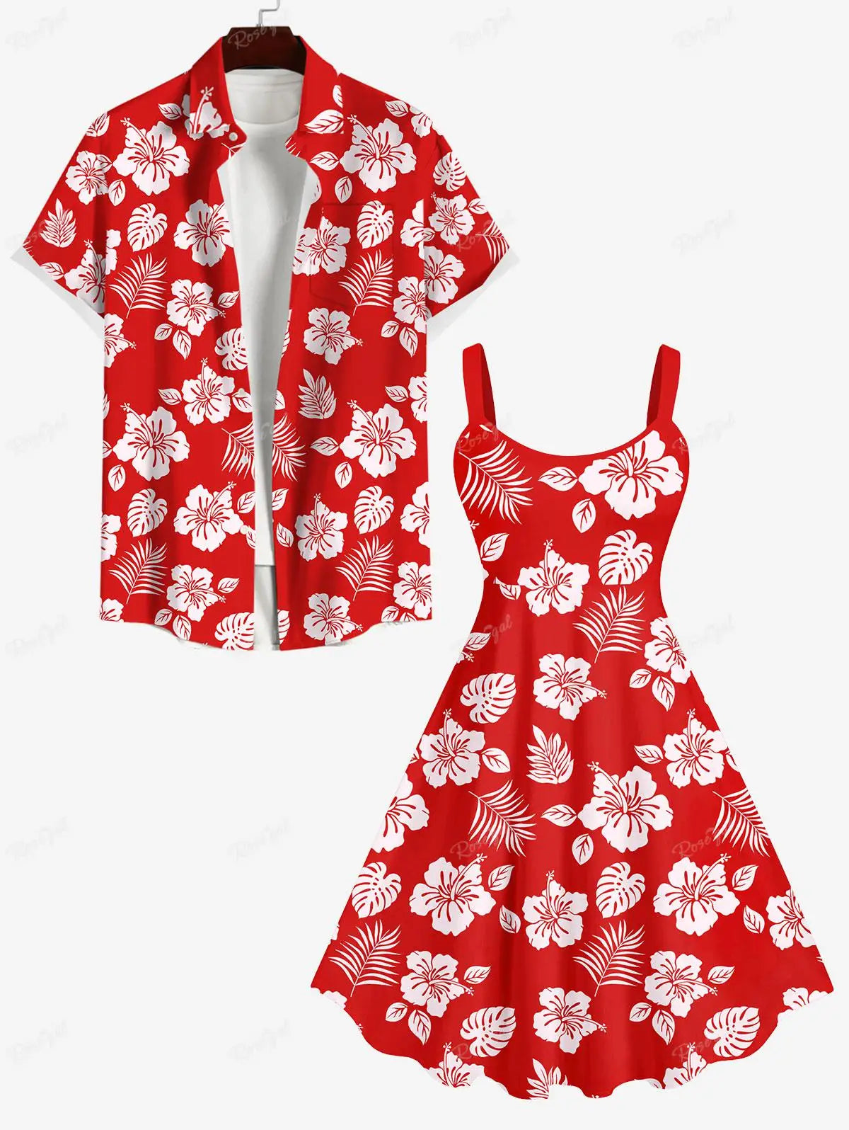 Rosegal Matchable Couple Hawaiian Flower Coconut Leaves Print Shirt or Plus Size Knee Length Fit and Flare Tank Dress