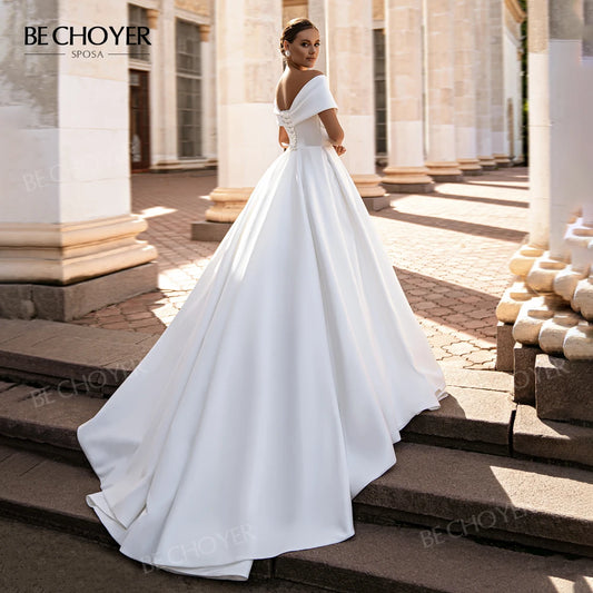 BECHOYER Off Shoulder Wedding Dress 2025 Fashion Satin A-Line Court Train Princess Bride Gowns SN108 customized Vestido de Noiva