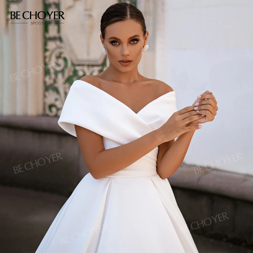 BECHOYER Off Shoulder Wedding Dress 2025 Fashion Satin A-Line Court Train Princess Bride Gowns SN108 customized Vestido de Noiva