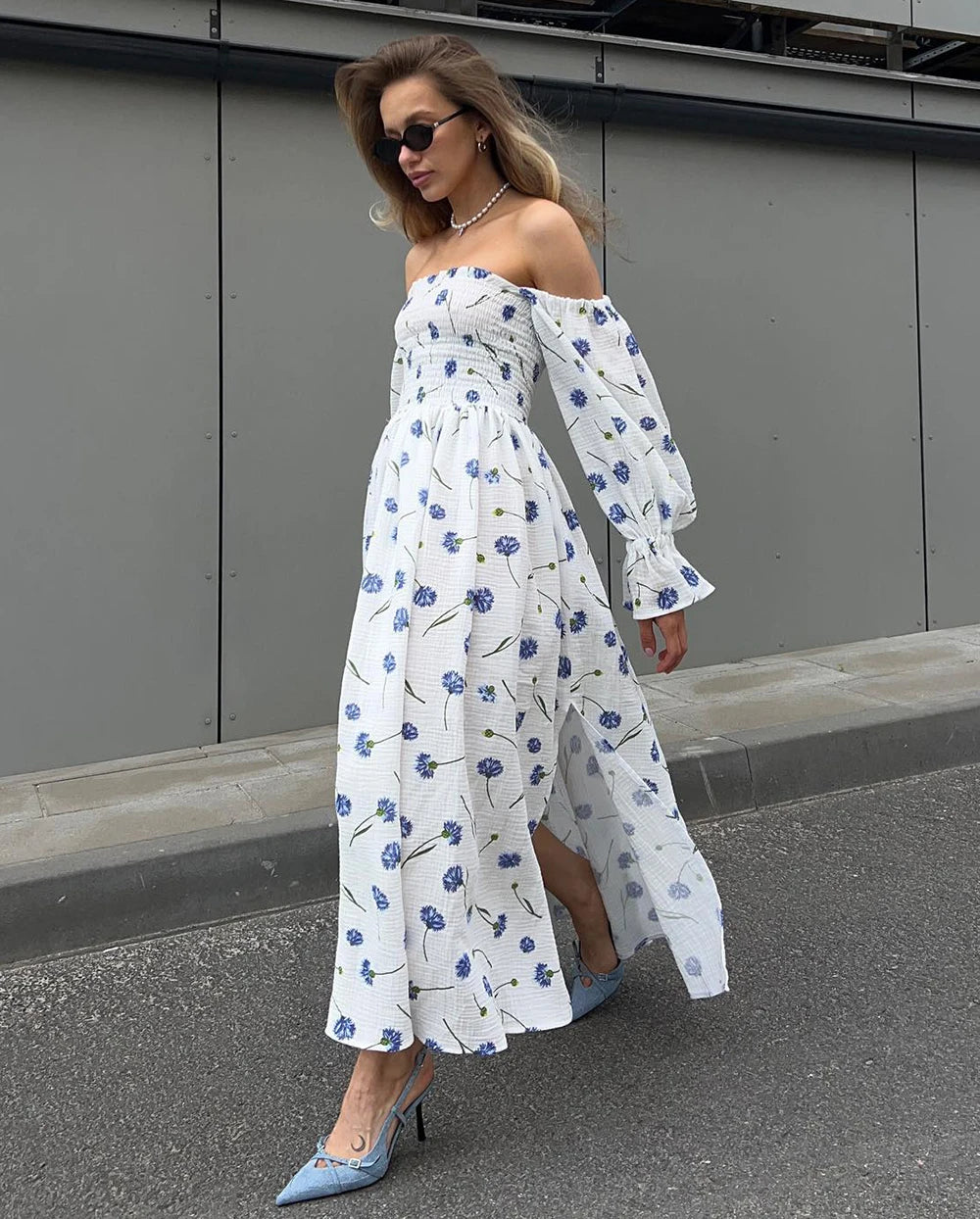 Women's Summer Cotton Dress 100% Elegant Ruffle Midi Floral Print Dress with Side Slits Flower Vintage Muslin Dress for Women