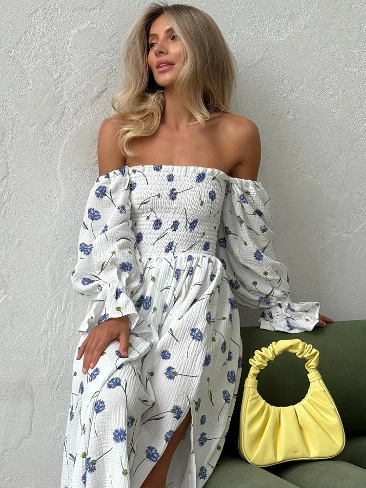 Women's Summer Cotton Dress 100% Elegant Ruffle Midi Floral Print Dress with Side Slits Flower Vintage Muslin Dress for Women