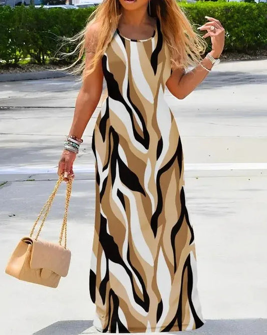 Plus size Europe and America cross-border women's summer new fashion printed round neck sleeveless long loose dress
