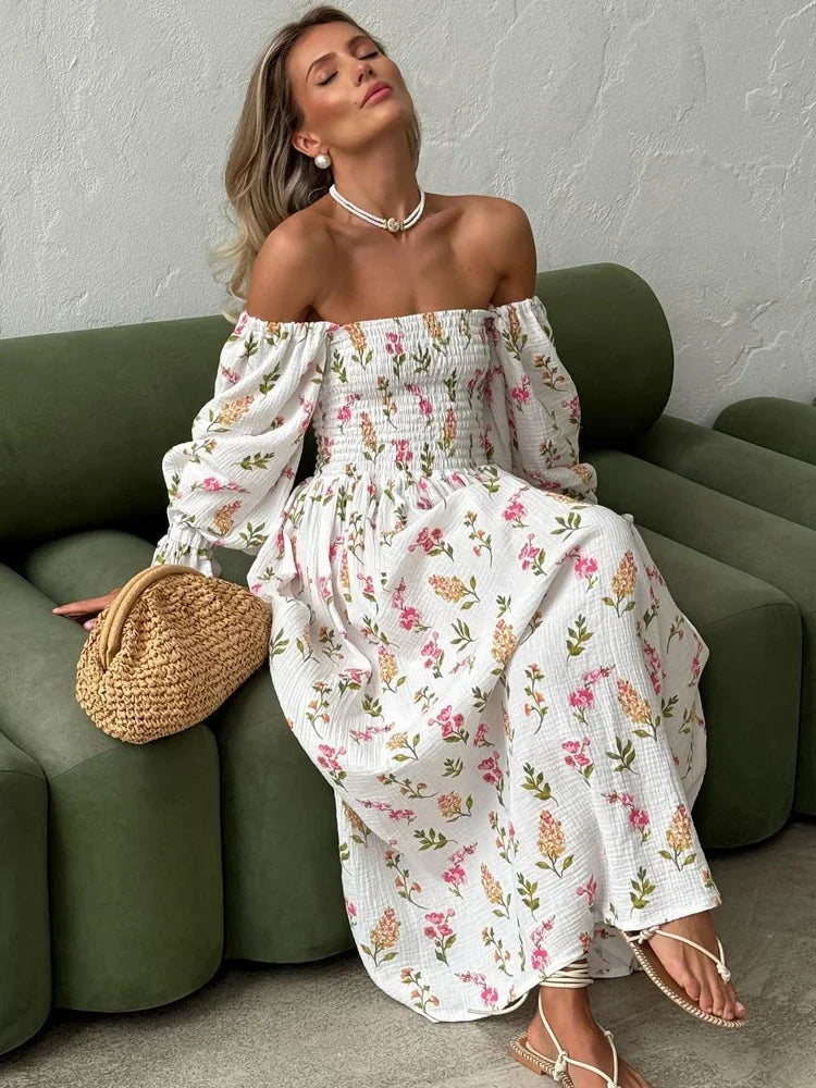 Women's Summer Cotton Dress 100% Elegant Ruffle Midi Floral Print Dress with Side Slits Flower Vintage Muslin Dress for Women