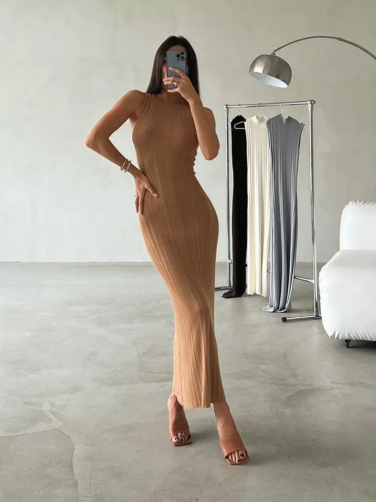 Talenza Knitted Sleeveless Slim Long Dress Women's Fashion Elegant Evening Dress High Neck Solid Color Sexy Knitted Long Dress