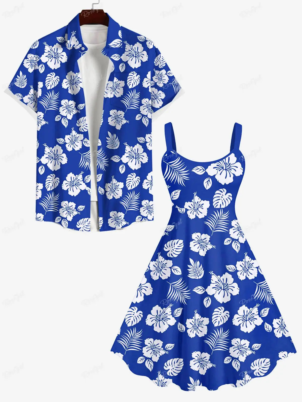 Rosegal Matchable Couple Hawaiian Flower Coconut Leaves Print Shirt or Plus Size Knee Length Fit and Flare Tank Dress