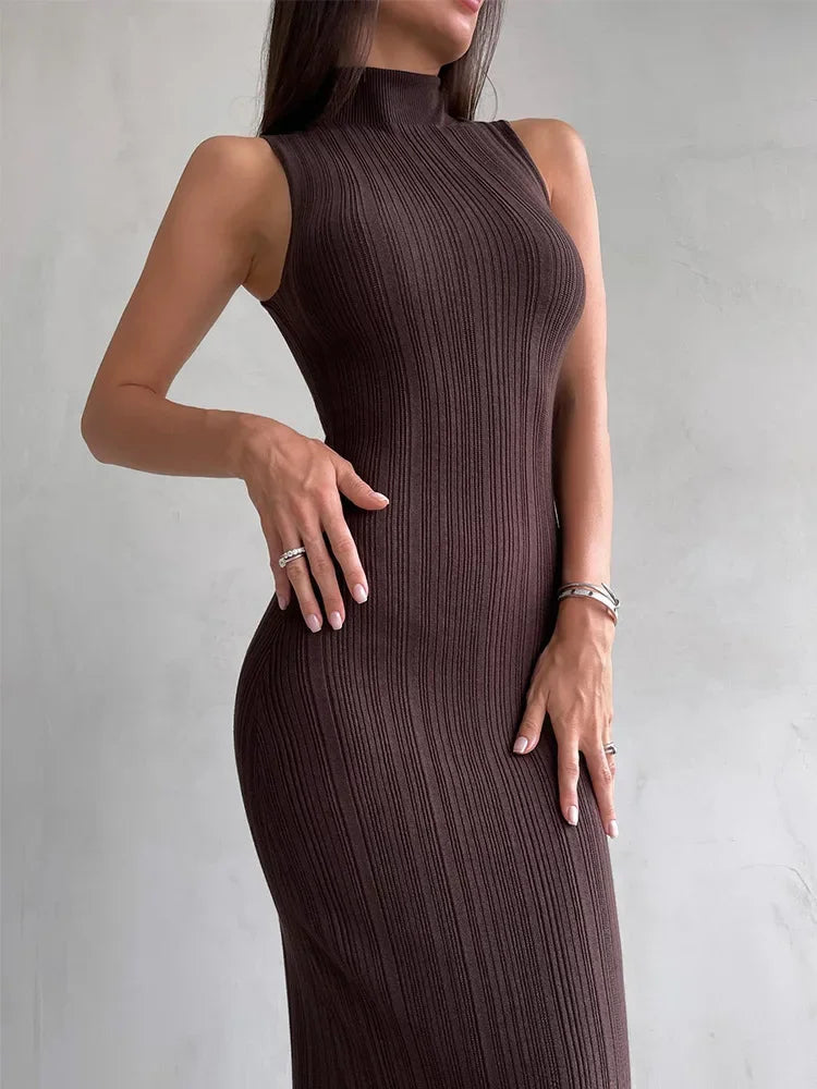Talenza Knitted Sleeveless Slim Long Dress Women's Fashion Elegant Evening Dress High Neck Solid Color Sexy Knitted Long Dress