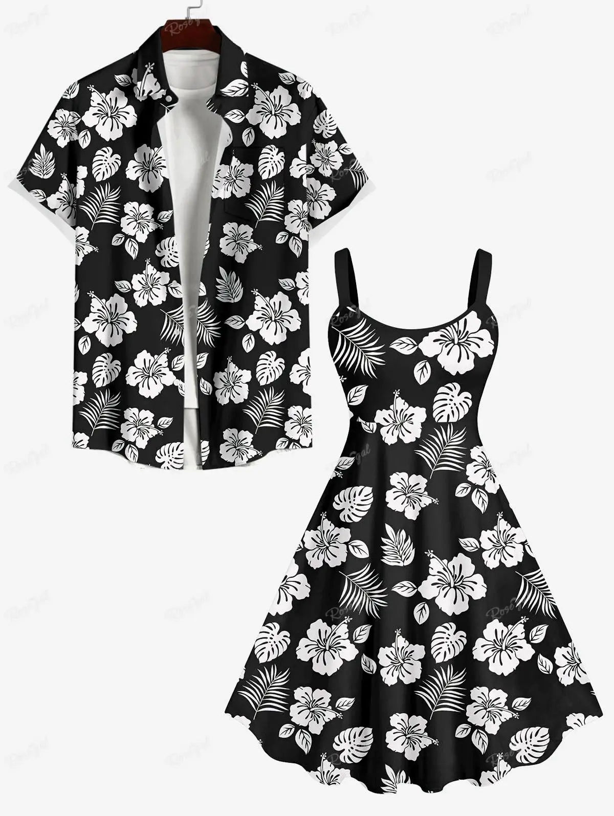 Rosegal Matchable Couple Hawaiian Flower Coconut Leaves Print Shirt or Plus Size Knee Length Fit and Flare Tank Dress