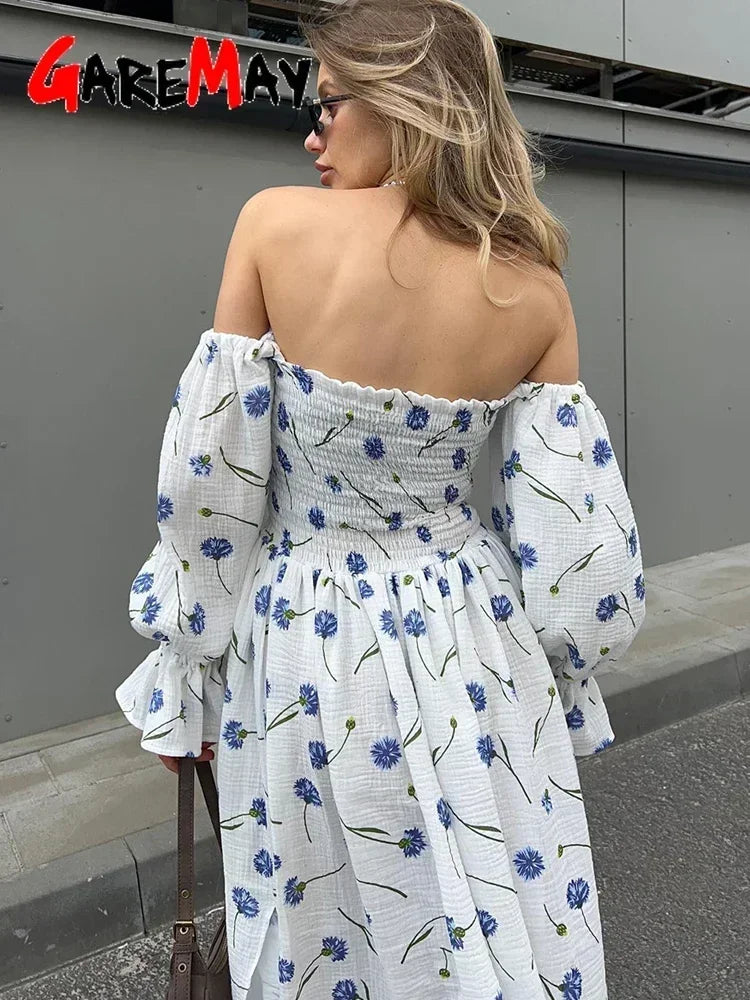 Women's Summer Cotton Dress 100% Elegant Ruffle Midi Floral Print Dress with Side Slits Flower Vintage Muslin Dress for Women