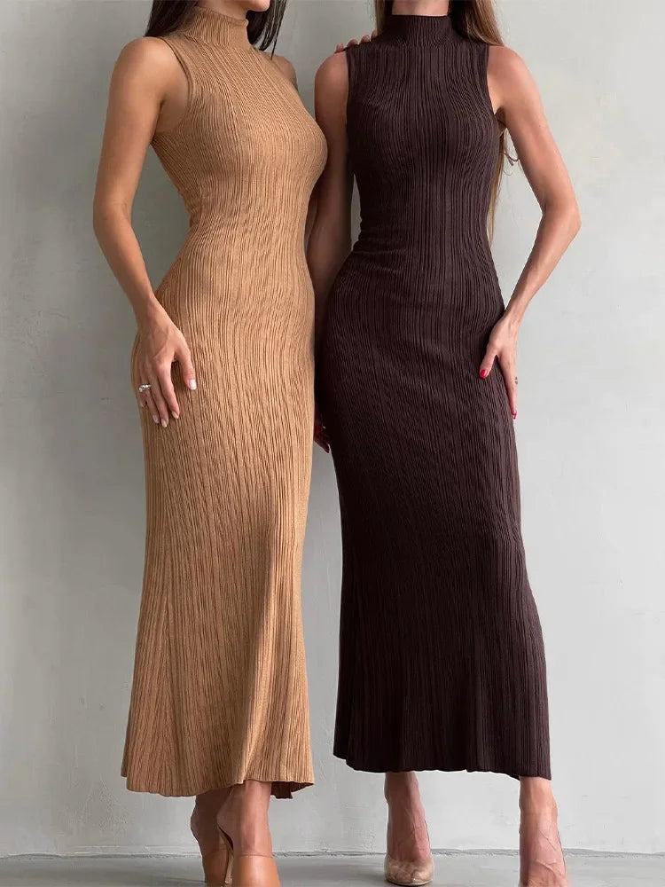 Talenza Knitted Sleeveless Slim Long Dress Women's Fashion Elegant Evening Dress High Neck Solid Color Sexy Knitted Long Dress