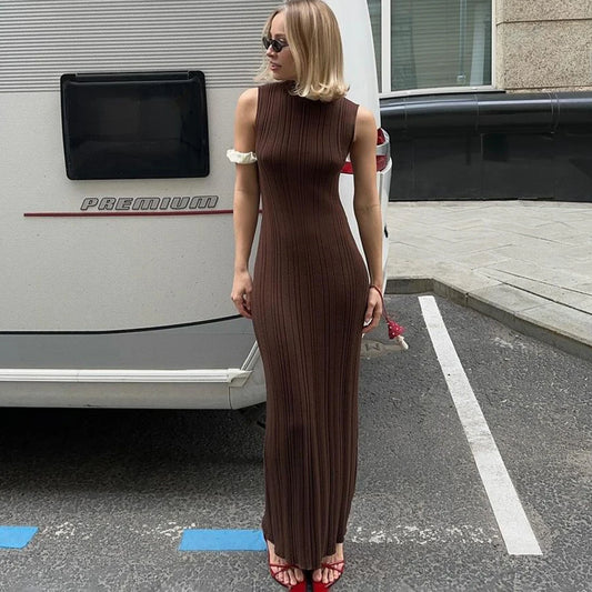 Talenza Knitted Sleeveless Slim Long Dress Women's Fashion Elegant Evening Dress High Neck Solid Color Sexy Knitted Long Dress