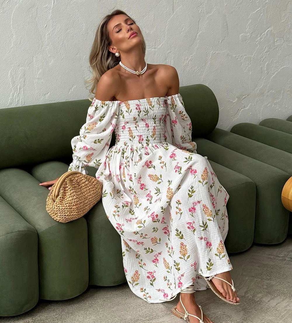 Women's Summer Cotton Dress 100% Elegant Ruffle Midi Floral Print Dress with Side Slits Flower Vintage Muslin Dress for Women