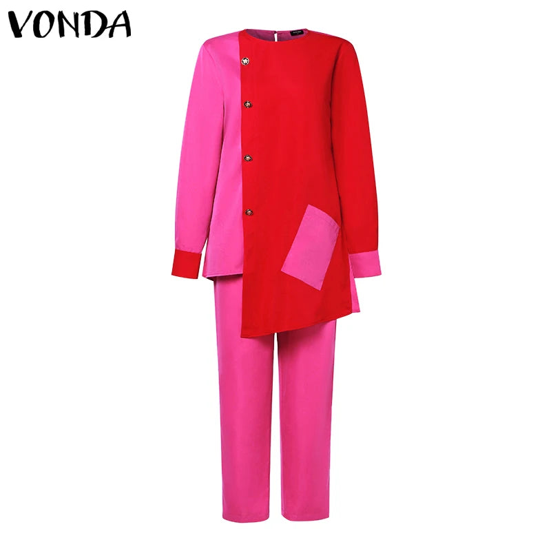 Plus Size VONDA Women Fashion Pant Sets Elegant Suits Long Sleeve Asymmetrical Patchwork Casual Top and Long Pants Bohemian Sets