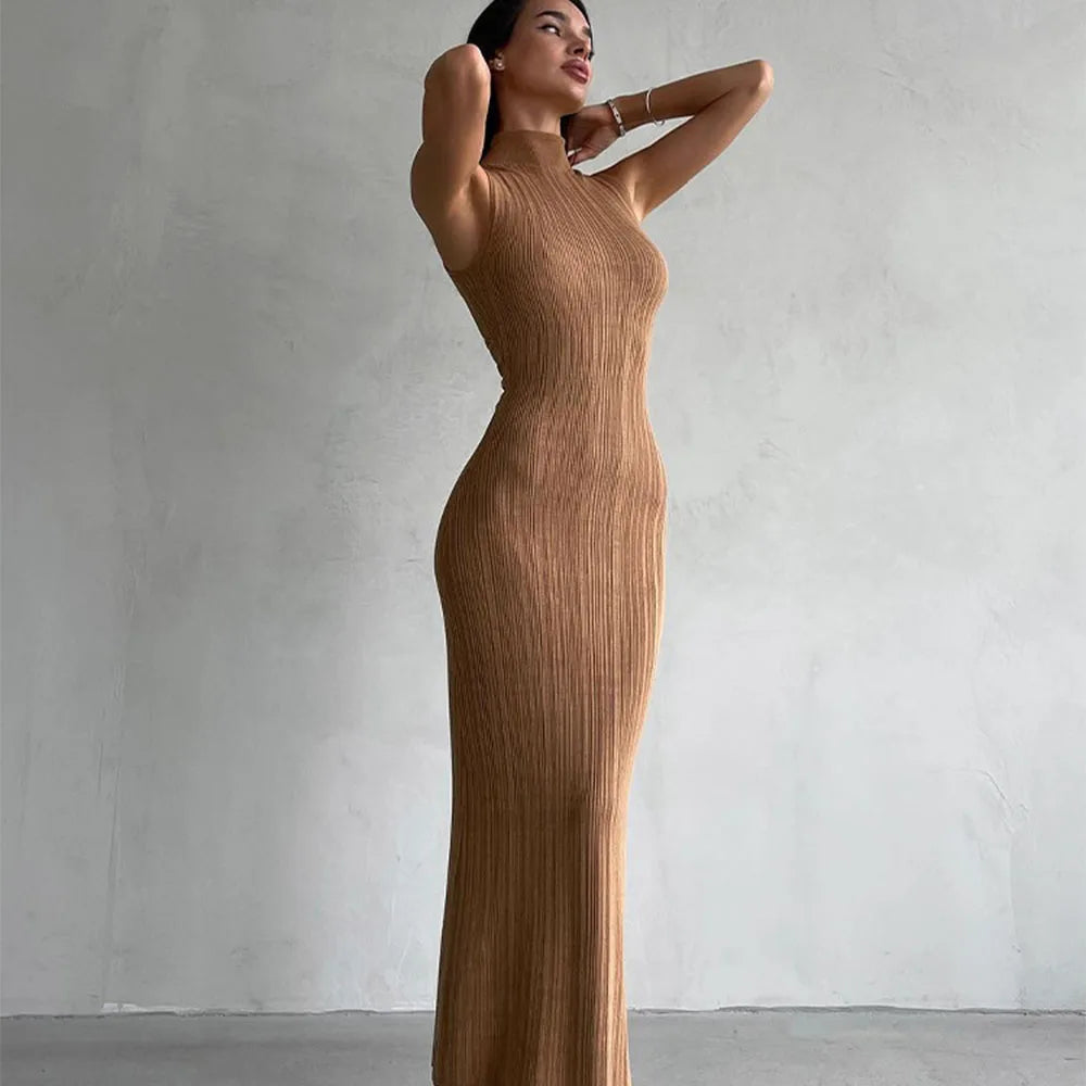 Talenza Knitted Sleeveless Slim Long Dress Women's Fashion Elegant Evening Dress High Neck Solid Color Sexy Knitted Long Dress