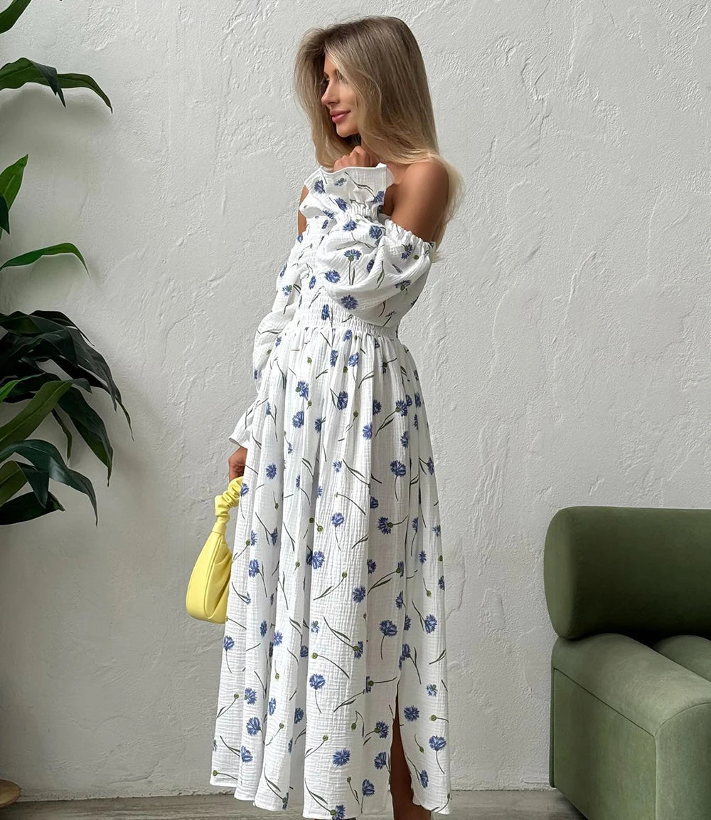 Women's Summer Cotton Dress 100% Elegant Ruffle Midi Floral Print Dress with Side Slits Flower Vintage Muslin Dress for Women