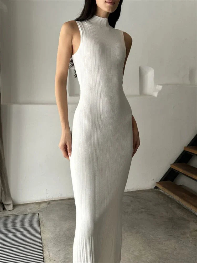 Talenza Knitted Sleeveless Slim Long Dress Women's Fashion Elegant Evening Dress High Neck Solid Color Sexy Knitted Long Dress