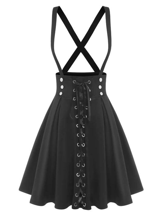 ROSEGAL Plus Size Women's High Waist Jumper Skirts Gothic Lace Up Buckles Godet Hem A Line Suspender Skirt Three Colors Choose