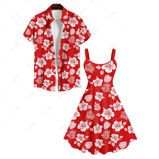 Rosegal Matchable Couple Hawaiian Flower Coconut Leaves Print Shirt or Plus Size Knee Length Fit and Flare Tank Dress