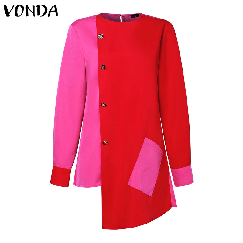 Plus Size VONDA Women Fashion Pant Sets Elegant Suits Long Sleeve Asymmetrical Patchwork Casual Top and Long Pants Bohemian Sets