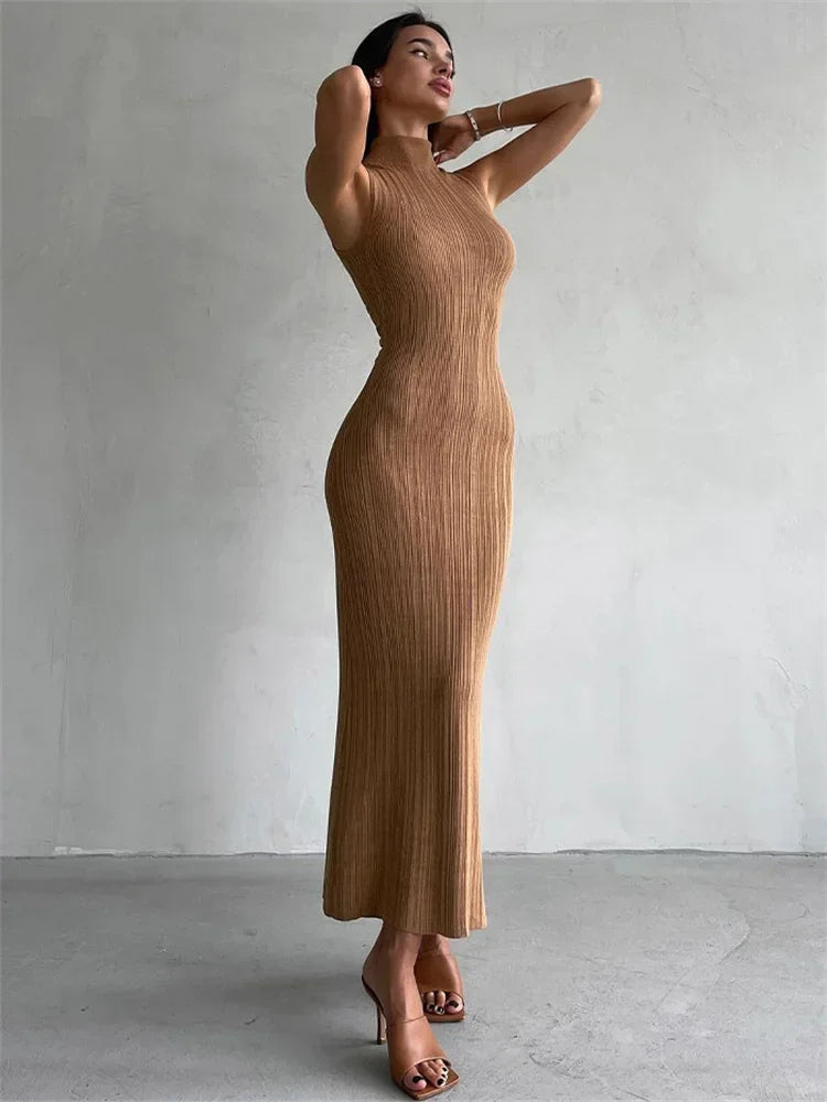 Talenza Knitted Sleeveless Slim Long Dress Women's Fashion Elegant Evening Dress High Neck Solid Color Sexy Knitted Long Dress
