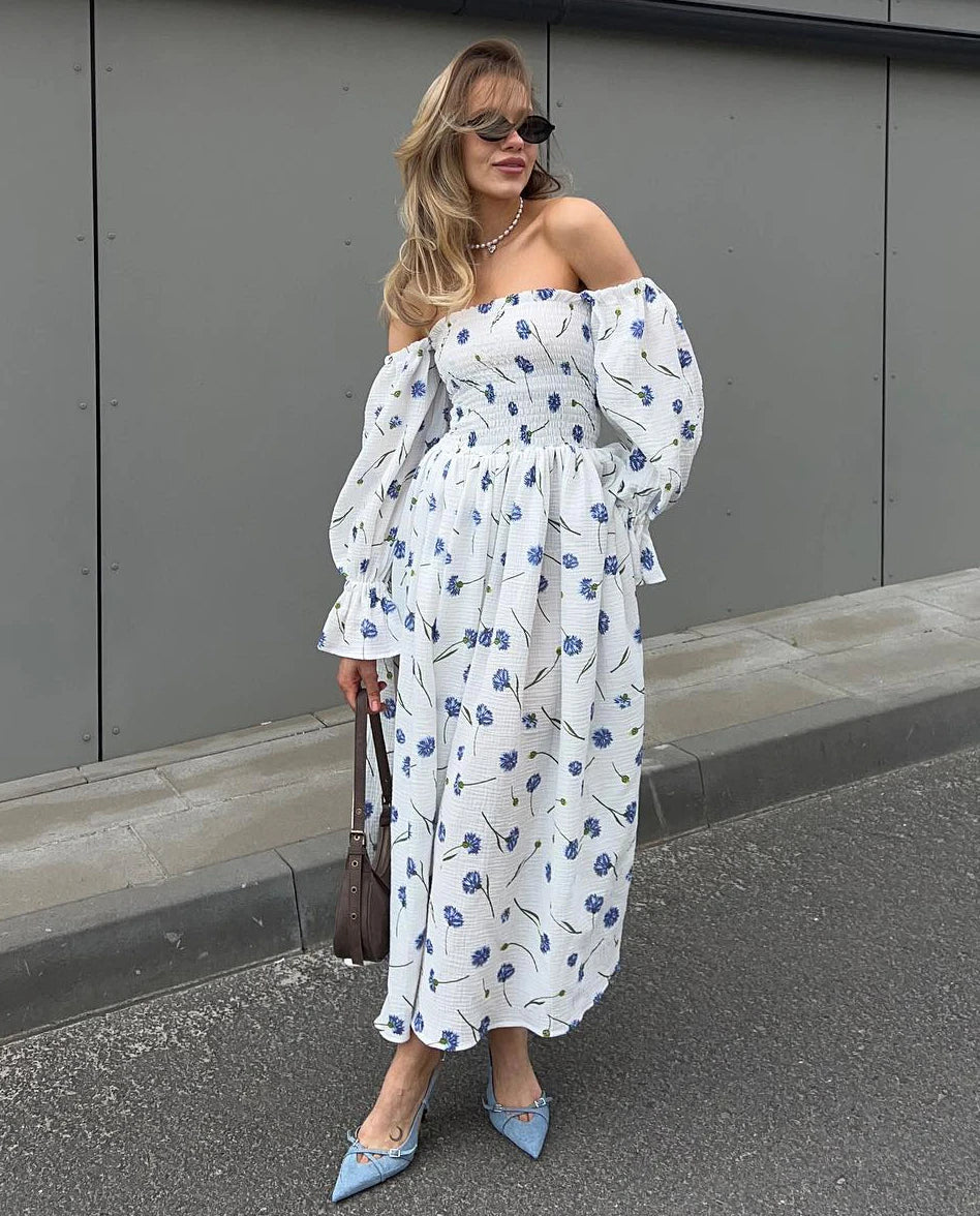 Women's Summer Cotton Dress 100% Elegant Ruffle Midi Floral Print Dress with Side Slits Flower Vintage Muslin Dress for Women