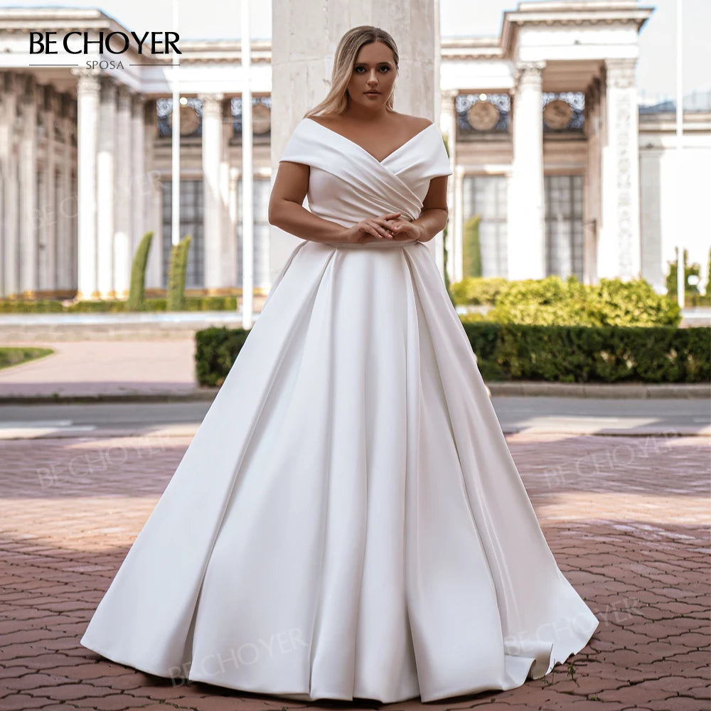 BECHOYER Off Shoulder Wedding Dress 2025 Fashion Satin A-Line Court Train Princess Bride Gowns SN108 customized Vestido de Noiva